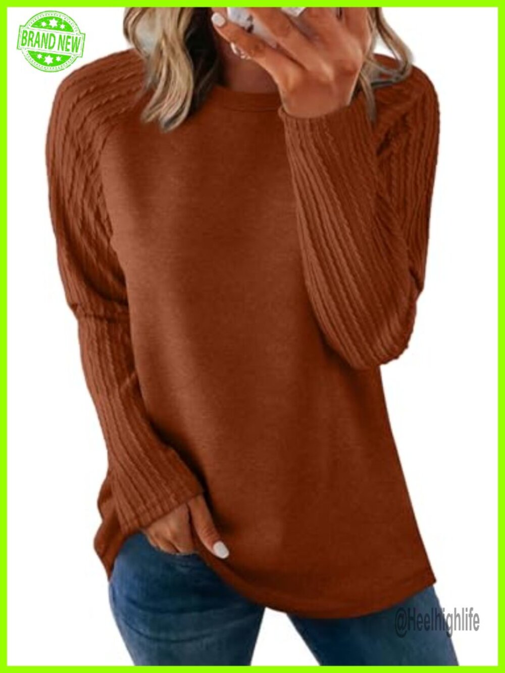 Oversized Crewneck Tunic Sweatshirt Cable Knit Sleeves Long Sleeve Top
